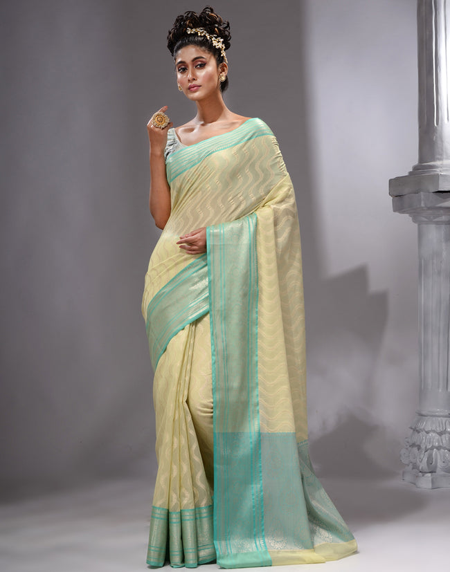 HOUSE OF BEGUM Women's Pista Green Cotton Woven Saree with Zari Work and Unstitched Printed Blouse
