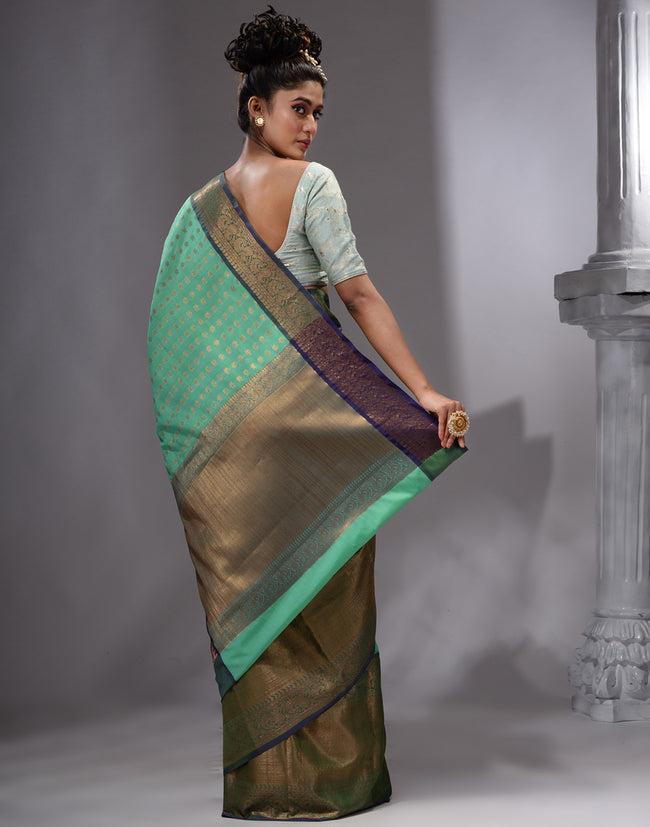 HOUSE OF BEGUM Women's Sea Green Cotton Woven Saree with Zari Work and Unstitched Printed Blouse