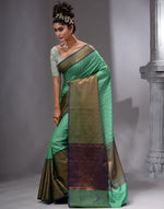 HOUSE OF BEGUM Women's Sea Green Cotton Woven Saree with Zari Work and Unstitched Printed Blouse-3