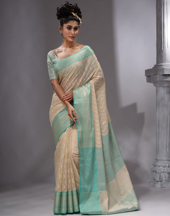 HOUSE OF BEGUM Women's Tussar Cotton Woven Saree with Zari Work and Unstitched Printed Blouse