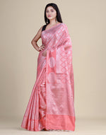HOUSE OF BEGUM Silver Zari Pink Kubera Pattu Silk Saree with Blouse Piece-3