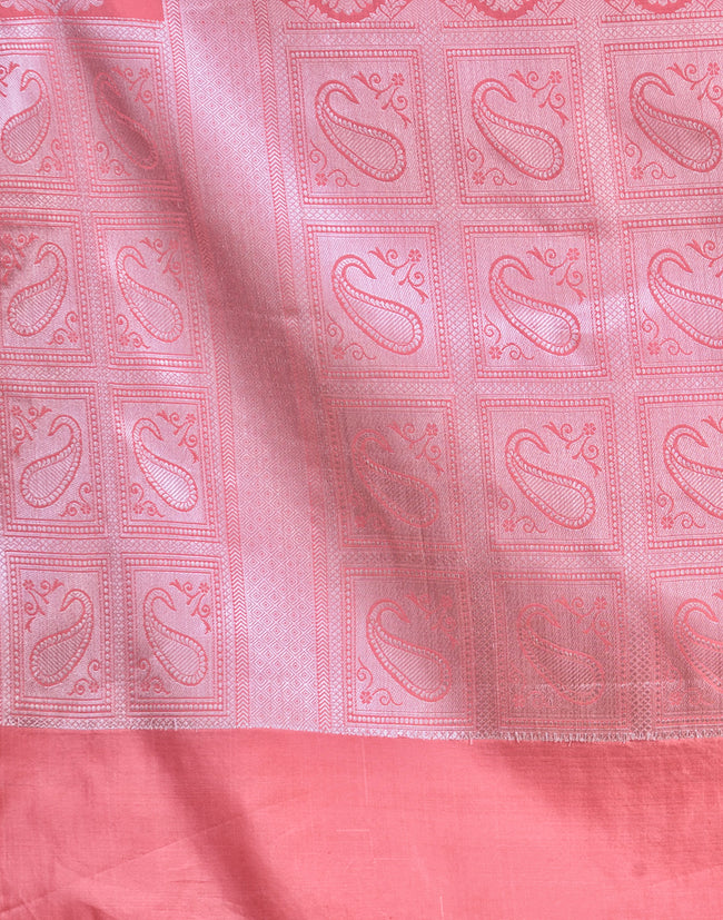 HOUSE OF BEGUM Silver Zari Pink Kubera Pattu Silk Saree with Blouse Piece