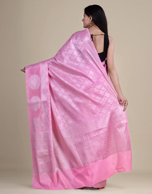 HOUSE OF BEGUM Silver Zari Pink Kubera Pattu Silk Saree with Blouse Piece