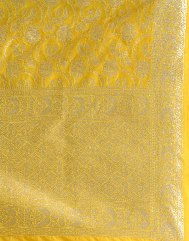 HOUSE OF BEGUM Women's Dark Yellow Katan Zari Work Saree with Unstitched Printed Blouse