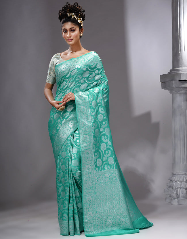 HOUSE OF BEGUM Women's Sea Green Katan Zari Work Saree with Unstitched Printed Blouse
