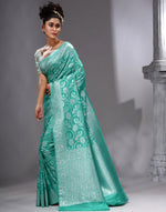 HOUSE OF BEGUM Women's Sea Green Katan Zari Work Saree with Unstitched Printed Blouse-3