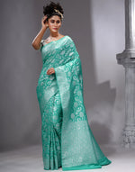 HOUSE OF BEGUM Women's Sea Green Katan Zari Work Saree with Unstitched Printed Blouse-4