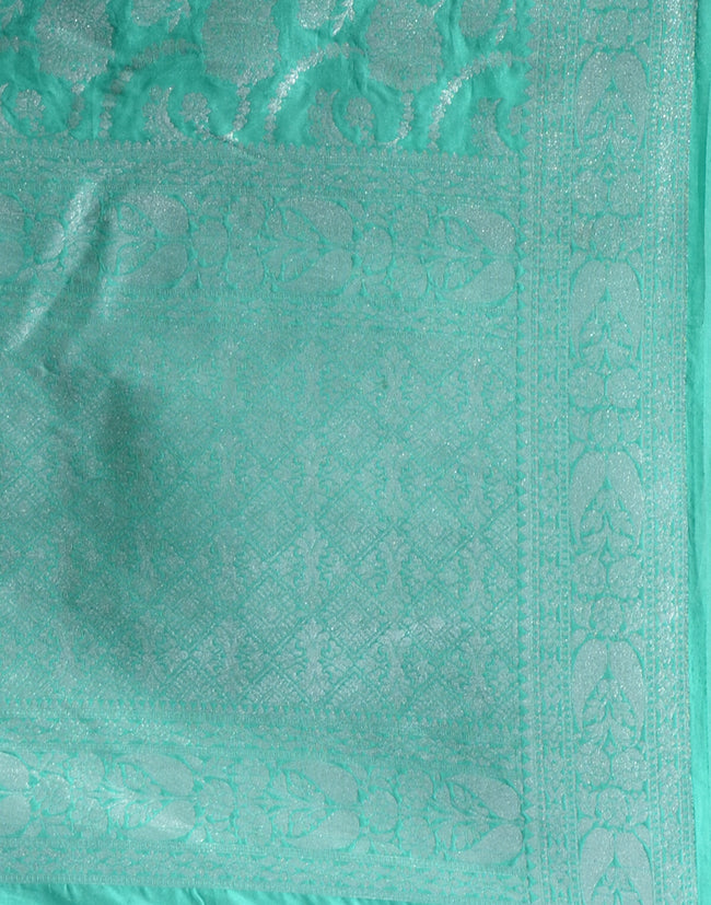 HOUSE OF BEGUM Women's Sea Green Katan Zari Work Saree with Unstitched Printed Blouse