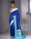 HOUSE OF BEGUM Women's Royal Blue Katan Zari Work Saree with Unstitched Printed Blouse