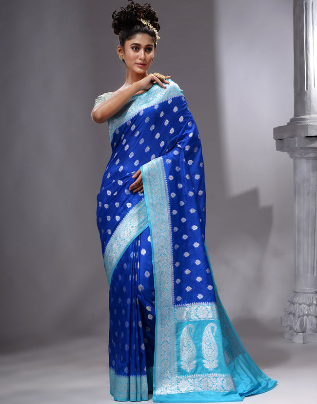 HOUSE OF BEGUM Women's Royal Blue Katan Zari Work Saree with Unstitched Printed Blouse