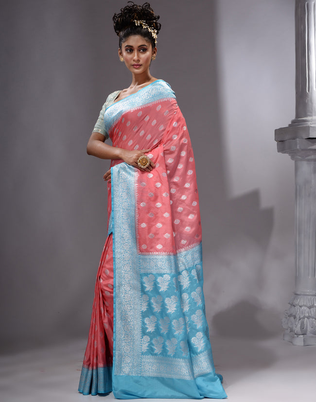HOUSE OF BEGUM Women's Peach Katan Zari Work Saree with Unstitched Printed Blouse