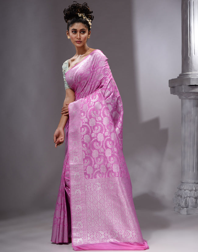 HOUSE OF BEGUM Women's Pink Katan Zari Work Saree with Unstitched Printed Blouse