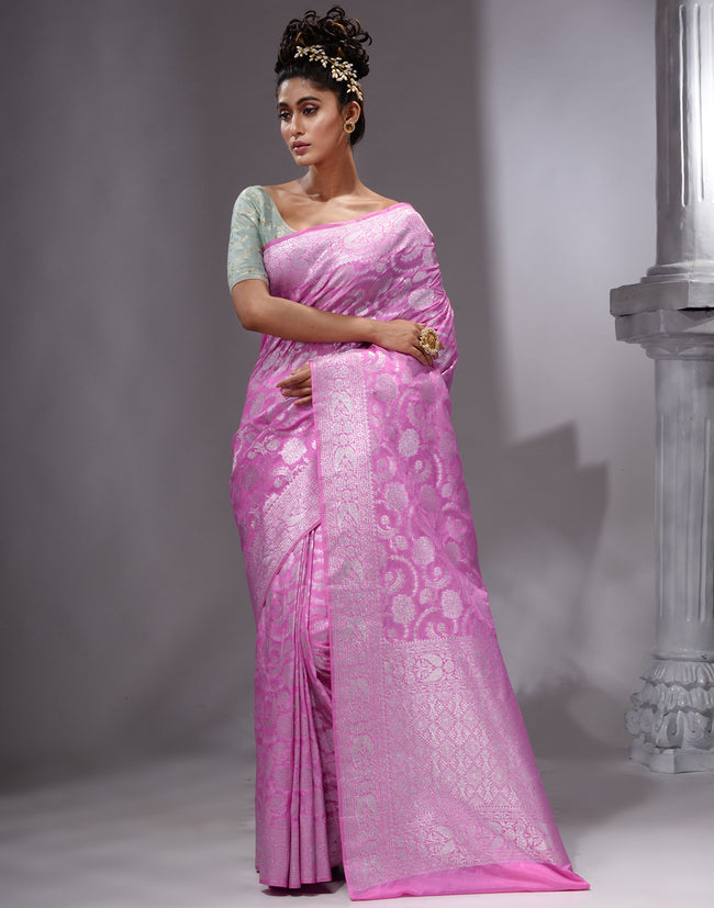 HOUSE OF BEGUM Women's Pink Katan Zari Work Saree with Unstitched Printed Blouse