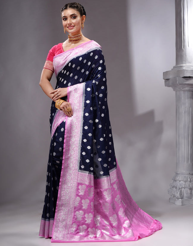HOUSE OF BEGUM Women's Navy Blue Katan Zari Work Saree with Unstitched Printed Blouse