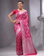 HOUSE OF BEGUM Women's Rani Pink Katan Zari Work Saree with Unstitched Printed Blouse