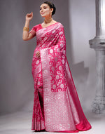 HOUSE OF BEGUM Women's Rani Pink Katan Zari Work Saree with Unstitched Printed Blouse-3