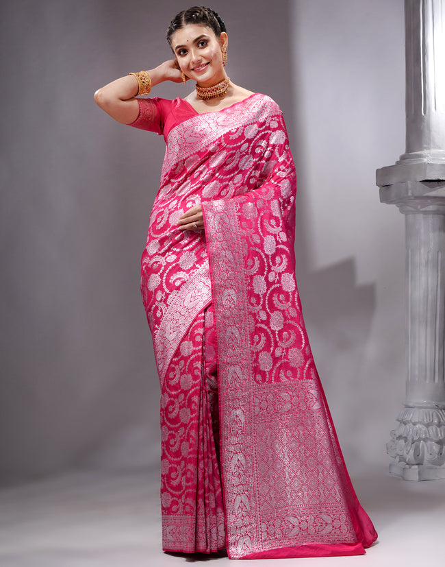 HOUSE OF BEGUM Women's Rani Pink Katan Zari Work Saree with Unstitched Printed Blouse