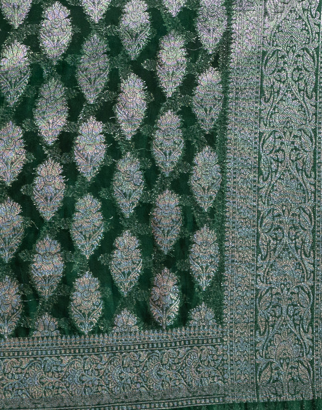 HOUSE OF BEGUM Katan Silk Bottle Green With Silver Zari Work with Blouse Piece