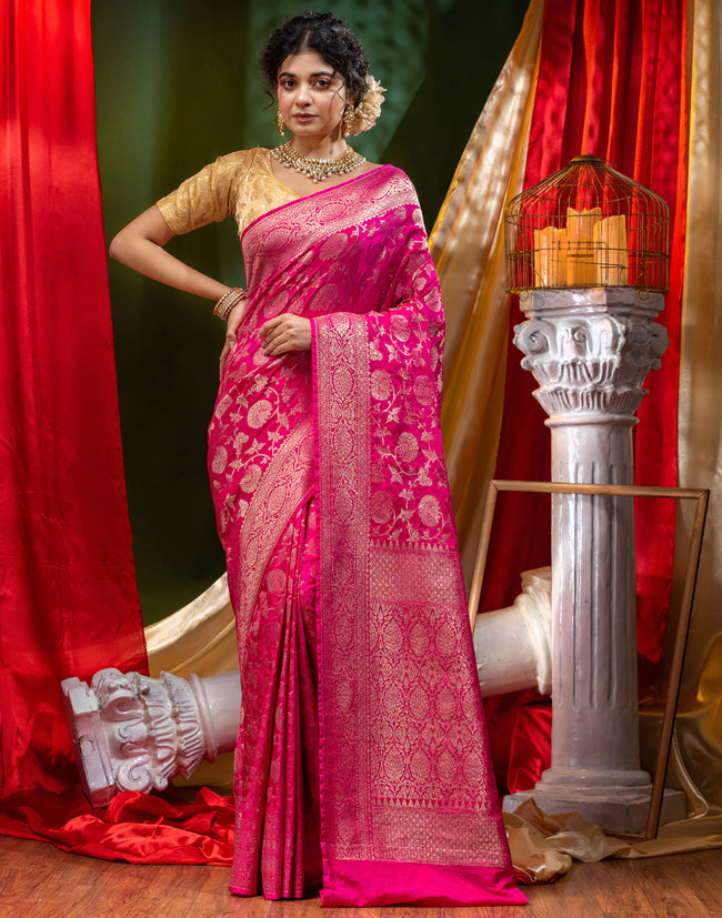 HOUSE OF BEGUM Katan Silk Rani Pink With Silver Zari Work with Blouse Piece