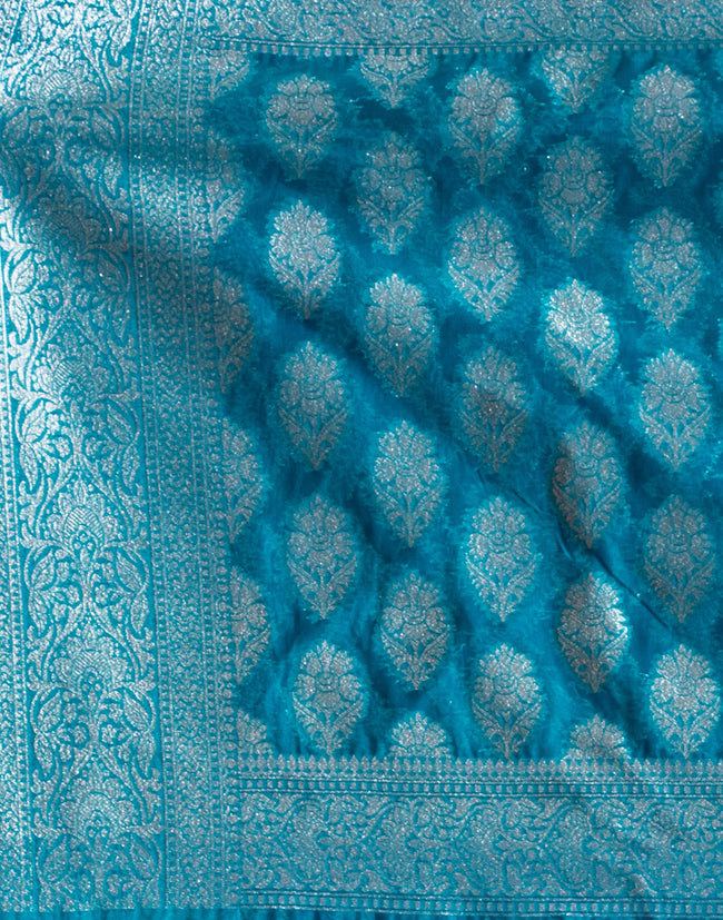 HOUSE OF BEGUM Katan Silk  Blue With Silver Zari Work with Blouse Piece