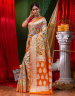 HOUSE OF BEGUM Katan Silk Orange With Brush Paint with Blouse Piece-3