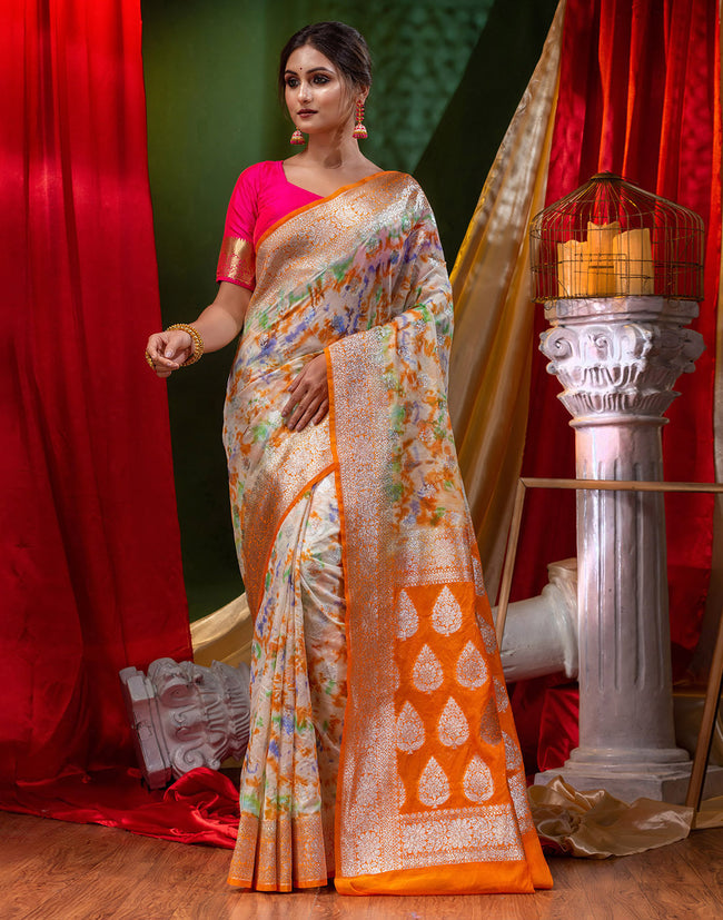 HOUSE OF BEGUM Katan Silk Orange With Brush Paint with Blouse Piece