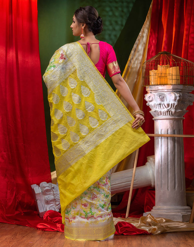 HOUSE OF BEGUM Katan Silk Yellow With Brush Paint with Blouse Piece