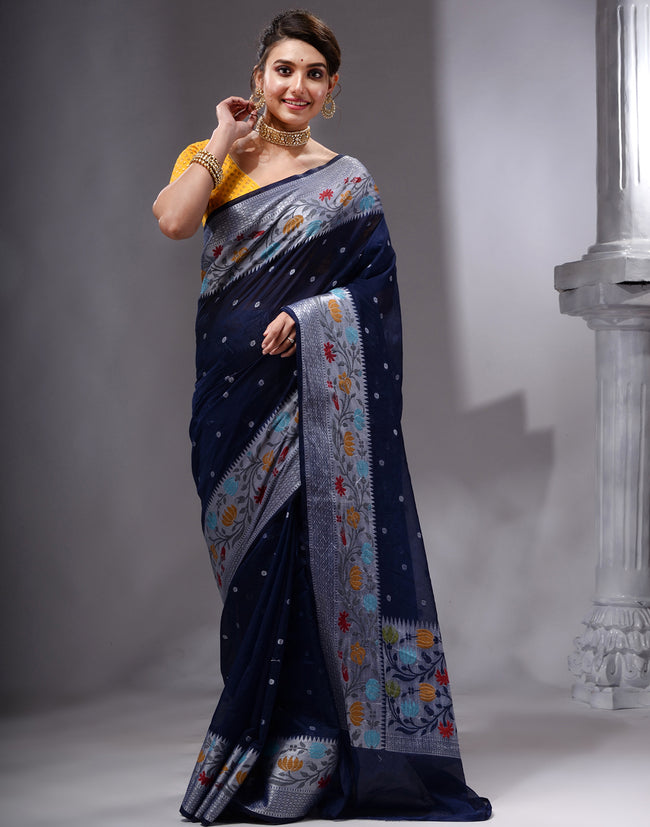 HOUSE OF BEGUM Women's Navy Blue Georgette Zari Work Saree with Unstitched Embroidered Blouse