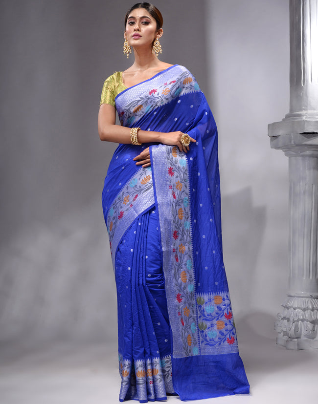 HOUSE OF BEGUM Women's Royal Blue Georgette Zari Work Saree with Unstitched Embroidered Blouse