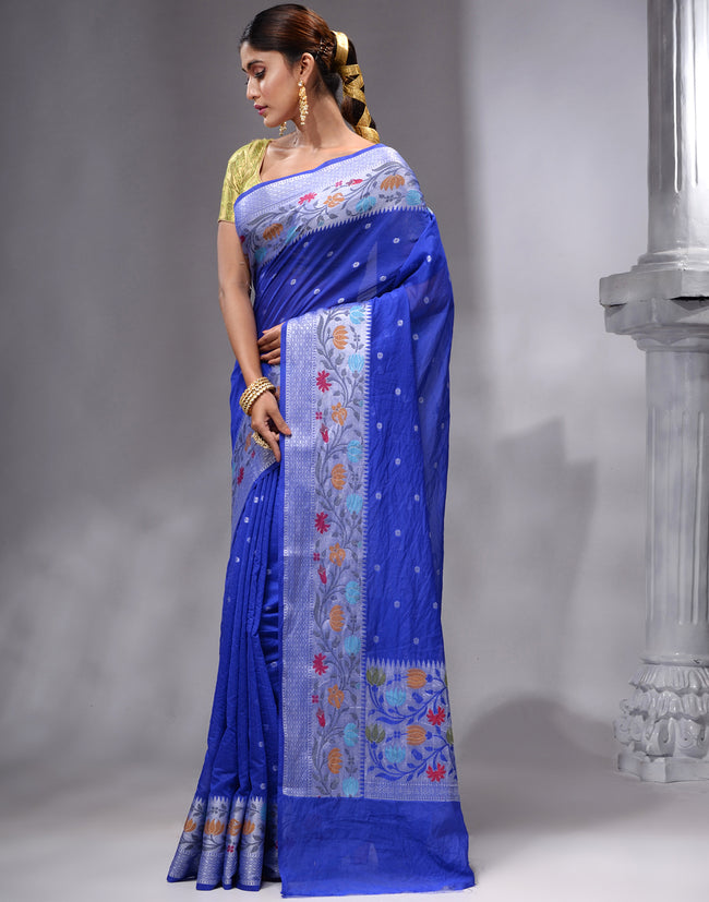HOUSE OF BEGUM Women's Royal Blue Georgette Zari Work Saree with Unstitched Embroidered Blouse