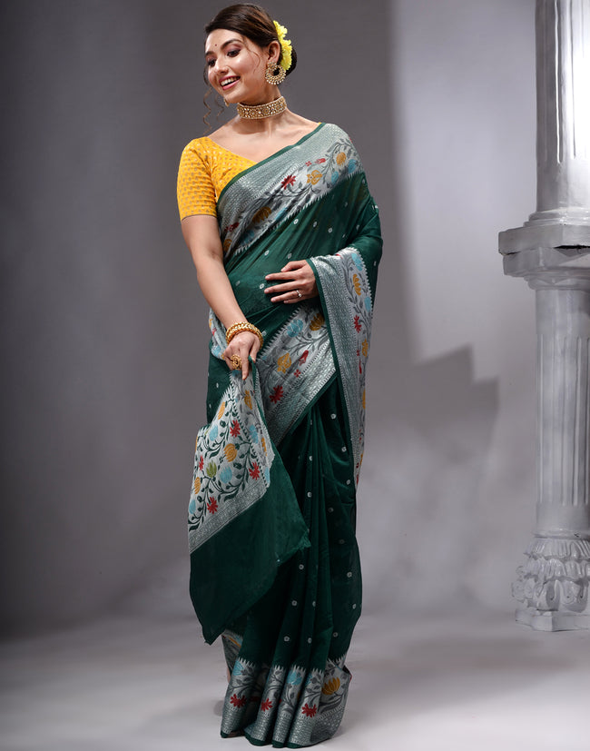 HOUSE OF BEGUM Women's Bottle Green Georgette Zari Work Saree with Unstitched Embroidered Blouse