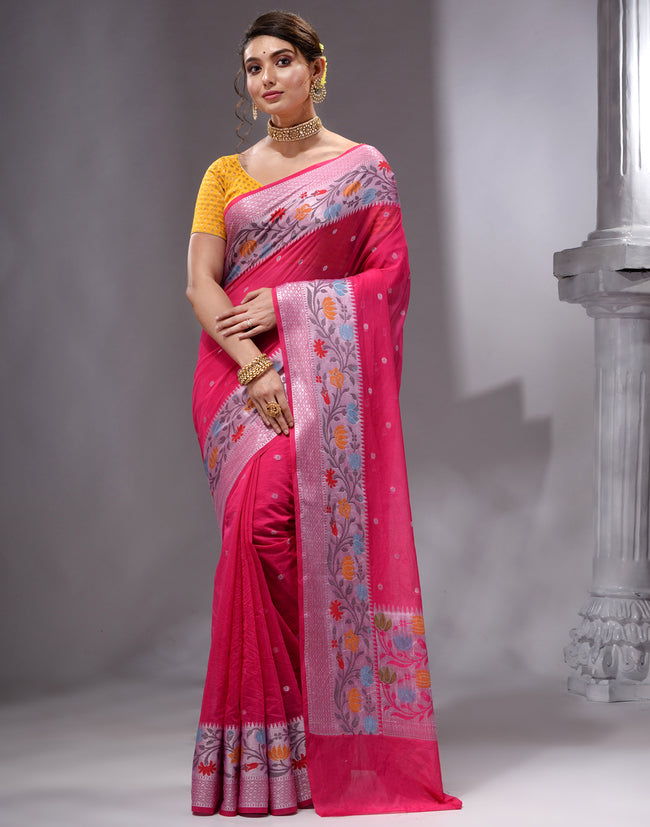 HOUSE OF BEGUM Women's Rani Pink Georgette Zari Work Saree with Unstitched Embroidered Blouse