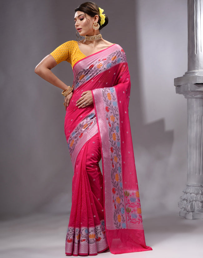 HOUSE OF BEGUM Women's Rani Pink Georgette Zari Work Saree with Unstitched Embroidered Blouse
