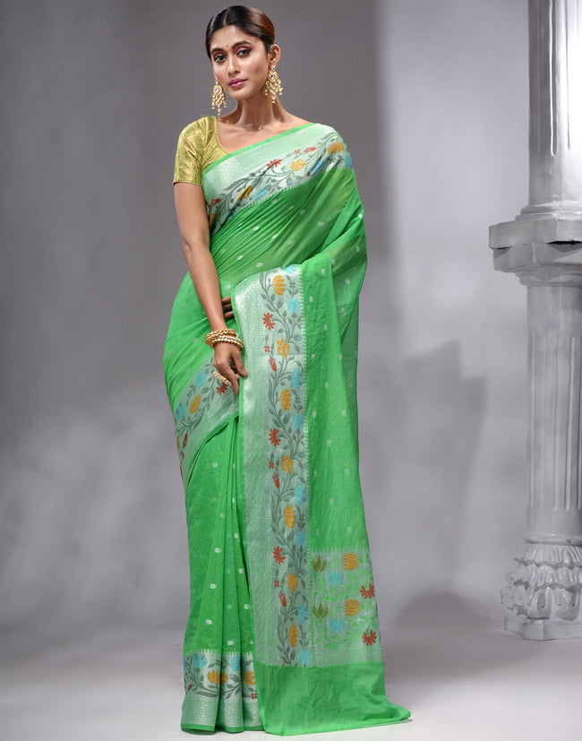 HOUSE OF BEGUM Women's Green Georgette Zari Work Saree with Unstitched Embroidered Blouse