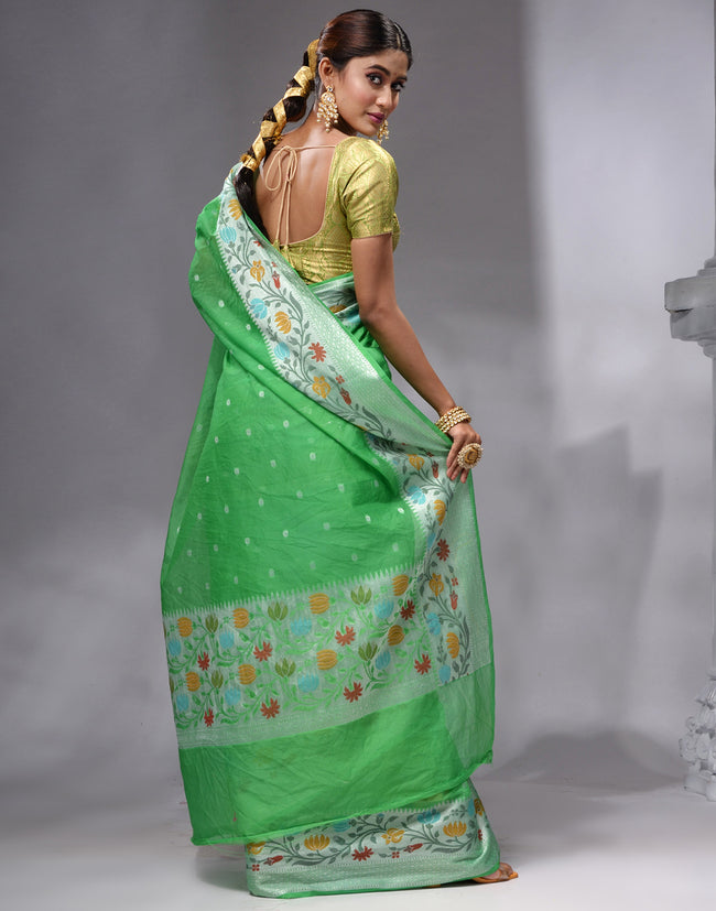 HOUSE OF BEGUM Women's Green Georgette Zari Work Saree with Unstitched Embroidered Blouse