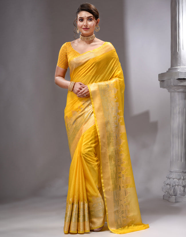 HOUSE OF BEGUM Women's Yellow Printed Woven Georgette Saree with Unstitched Plain Blouse