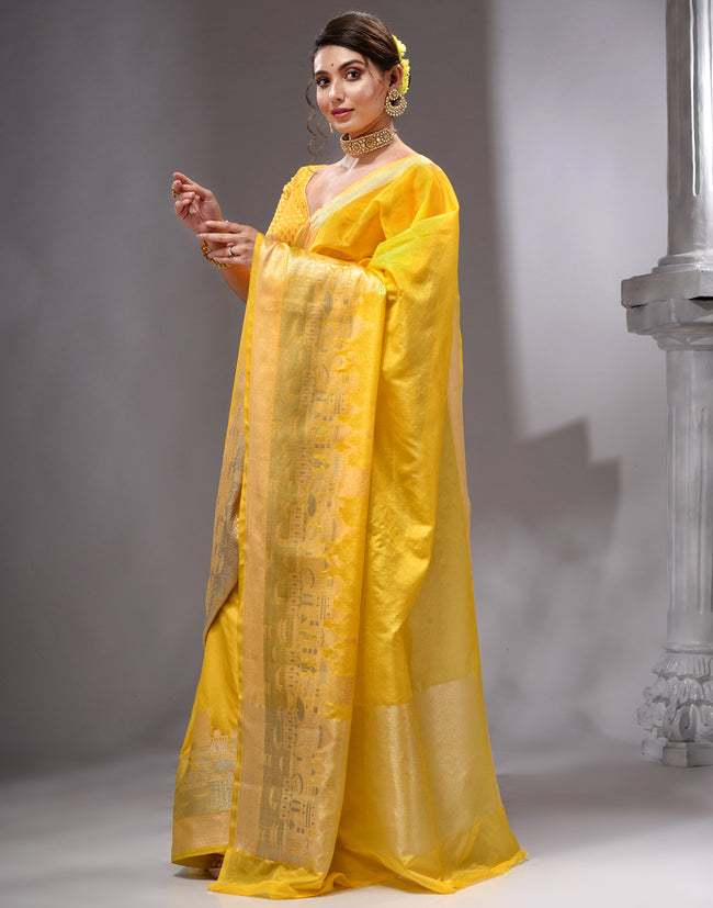 HOUSE OF BEGUM Women's Yellow Printed Woven Georgette Saree with Unstitched Plain Blouse