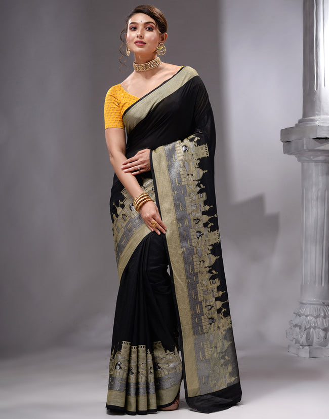 HOUSE OF BEGUM Women's Black Printed Woven Georgette Saree with Unstitched Plain Blouse