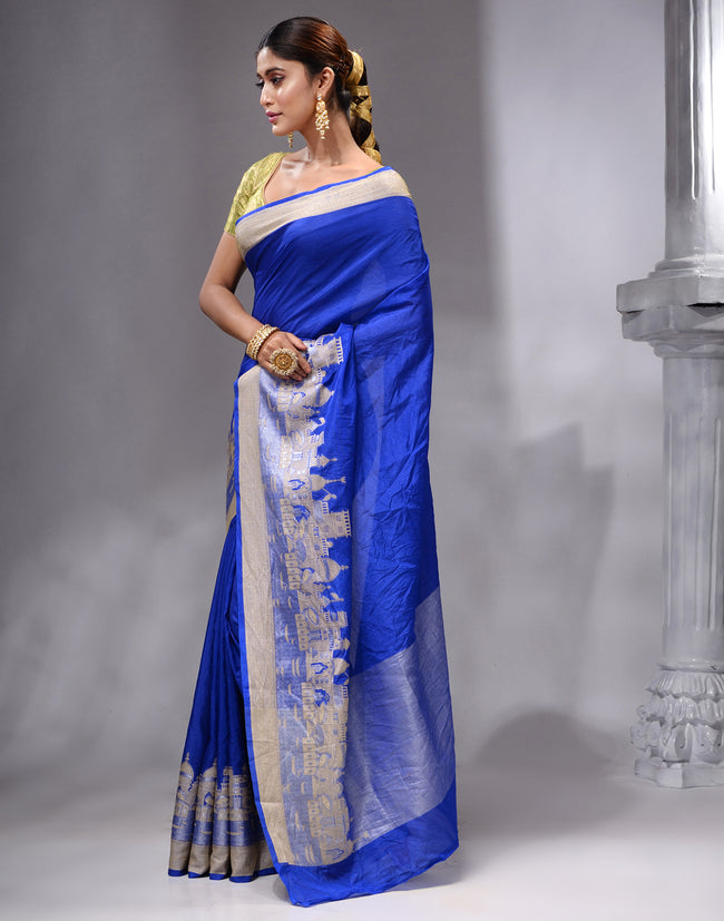 HOUSE OF BEGUM Women's Royal Blue Printed Woven Georgette Saree with Unstitched Plain Blouse