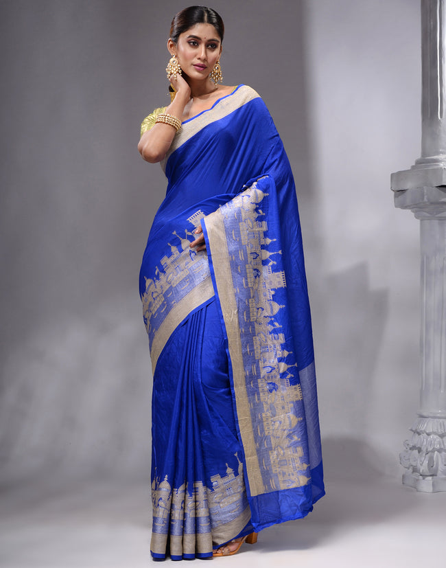 HOUSE OF BEGUM Women's Royal Blue Printed Woven Georgette Saree with Unstitched Plain Blouse