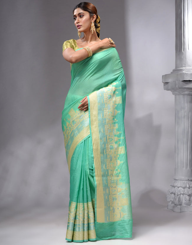 HOUSE OF BEGUM Women's Light Green Printed Woven Georgette Saree with Unstitched Plain Blouse
