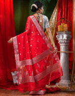 HOUSE OF BEGUM Shiffon Khaddi Red Saree With Silver Zari with Blouse Piece-2