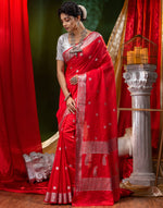 HOUSE OF BEGUM Shiffon Khaddi Red Saree With Silver Zari with Blouse Piece-3
