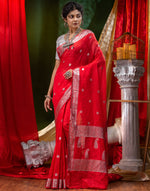 HOUSE OF BEGUM Shiffon Khaddi Red Saree With Silver Zari with Blouse Piece-4