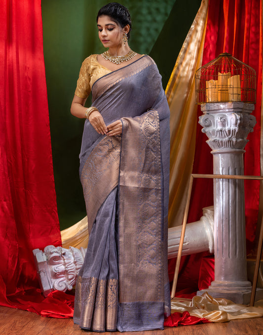 HOUSE OF BEGUM Pure Linen Gray Saree with Blouse Piece