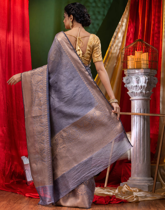 HOUSE OF BEGUM Pure Linen Gray Saree with Blouse Piece