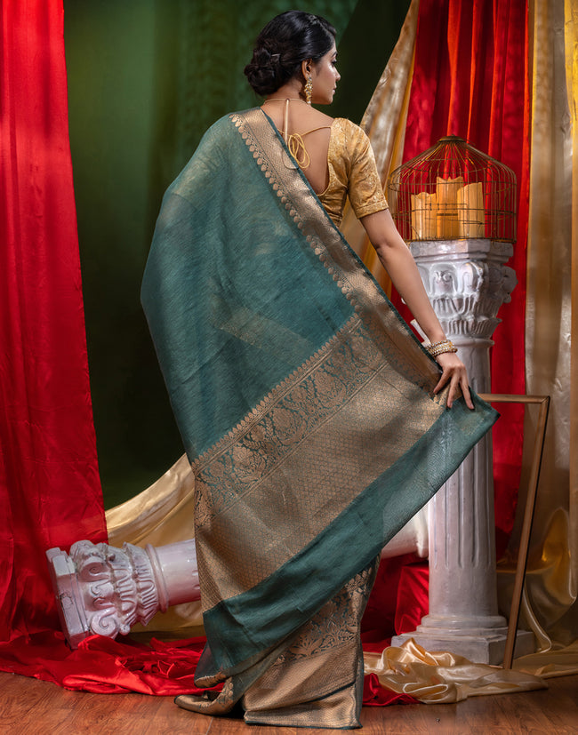 HOUSE OF BEGUM Pure Linen Bottle Green Saree with Blouse Piece