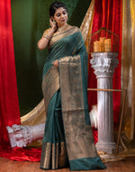 HOUSE OF BEGUM Pure Linen Bottle Green Saree with Blouse Piece-4