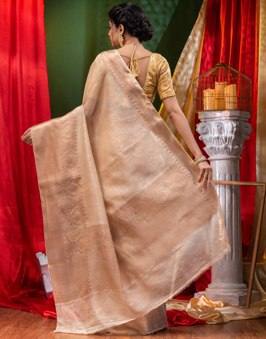 HOUSE OF BEGUM Pure Linen Beige Saree with Blouse Piece