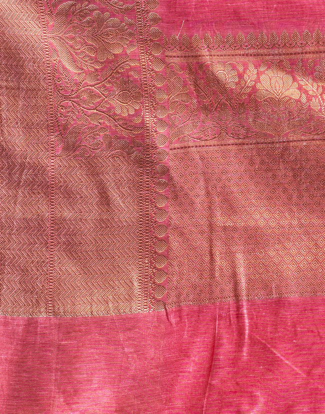 HOUSE OF BEGUM Pure Linen Pink Saree with Blouse Piece